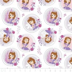 disney princesses with purple hair and pink flowers on white background, surrounded by circles