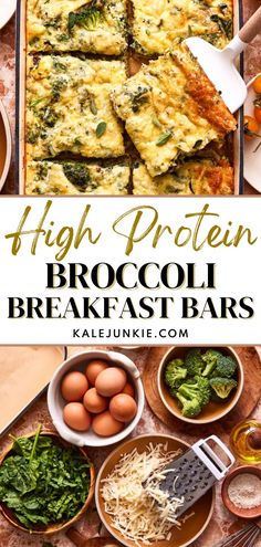 high protein broccoli breakfast bars on a table with eggs, cheese and other foods