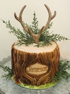 there is a cake that looks like a tree stump with deer antlers on it