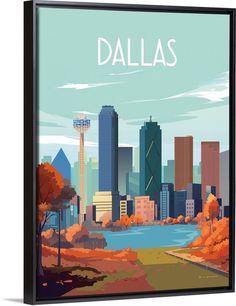 a cityscape with the word dallas in front of it and trees on both sides