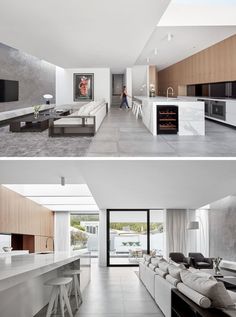 two pictures of the same living room and kitchen in one photo, there is an open floor plan