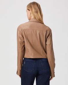 Crafted from a drapey faux leather, this cropped jacket comes in a tan shade and is designed with front patch pockets and seaming details. Pair this casual-cool layering piece with any shade of denim in your closet. | Fenwick Jacket - Burnt Sugar Faux Leather | Size Large Burnt Sugar, Men Store, Leather Jacket Black, Paige Denim, Trucker Jacket, Cropped Jacket, Long Sleeves Jacket, Light Denim, Faux Leather Jackets