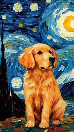 a painting of a golden retriever sitting in front of a starry night