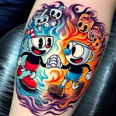 a cartoon tattoo on the leg of a person with an evil face and two skulls