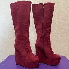 Merrori Womens Platform Suede Zip Fashion Round Toe Wedge High Heel Mid Calf Boots Never Worn Size 7.5 Burgundy 6inch Casual Platform Wedge Boots For Party, Red Round Toe Casual Wedge Boots, Red Casual Wedge Boots With Round Toe, Casual Red Wedge Boots With Round Toe, Red Casual Round Toe Wedge Boots, Fitted Platform Boots With Wedge Heel, High Heel Wedges, Calf Boots, Mid Calf Boots