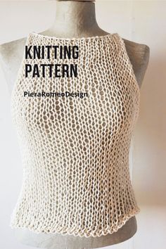 a white knitted tank top with the words knitting pattern written on it in black