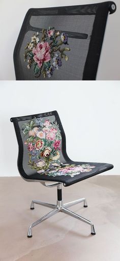 a chair with flowers painted on the back and an image of a flowered seat