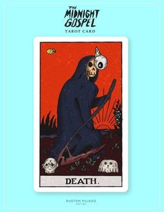 a tarot card with a skeleton holding a sticker on it's face