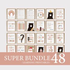 the super bundle for learning printables is shown in pink and white, with black bears