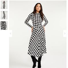 Nwt Ann Taylor Houndstooth Dress. Angled Sleeves Put A Flattering Slant On Our Refined Houndstooth Midi Dress. Mock Neck. Long Sleeves. Hidden Back Zipper With Hook And Eye Closure. - Tailored Fit - Hits At Mid-Calf - Approximately 34” From Natural Waist - 100% Rayon - Machine Washable Midi Sweater Dress Outfit, Mock Neck Midi Dress, Mockneck Dress, Dress For Petite Women, Wrap Sweater Dress, Midi Sweater Dress, Ivory Lace Dress, Asymmetrical Midi Dress, Flair Dress