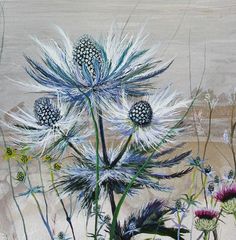 an oil painting of blue and white flowers