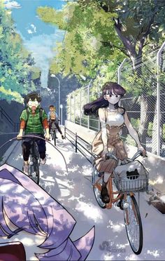 an anime scene with two people riding bikes and one person on a bike in the foreground