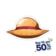 a sticker with the words buy 10 get 50 % off on it and an image of a hat