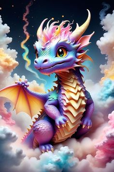 a colorful dragon sitting on top of clouds