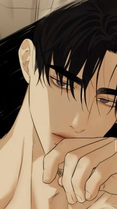 an anime man with black hair and no shirt