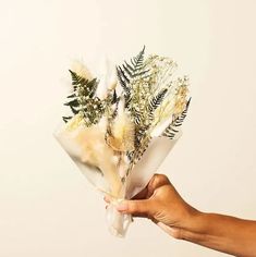 a hand holding a bouquet of dried flowers