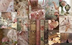 a collage of pictures with books, flowers and other things in them on display