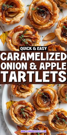 caramelized onion and apple tartles on a white plate with text overlay