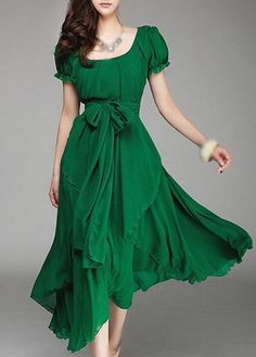 Emerald Green Chiffon Ruffle Layered Midi Dress Chiffon Long Dress, Fest Outfits, Gaun Fashion, 파티 드레스, Chiffon Midi Dress, Elegante Casual, Dress Chiffon, Vestidos Vintage