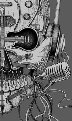 a drawing of an electric guitar and headphones on top of each other with the words,