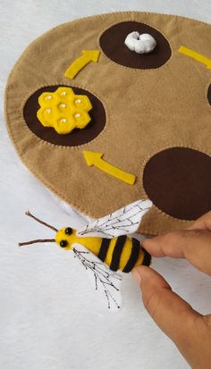 a hand is holding a toy that looks like a bee and honeybee on it