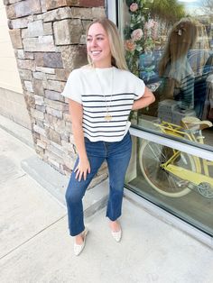 A sweet and simple navy stripe top! Stripe Top, Mock Neck Top, Navy Stripes, Mock Neck, Navy, Fabric, Color