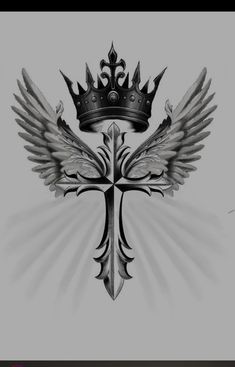 a black and white drawing of a cross with wings on it's side, surrounded by a crown