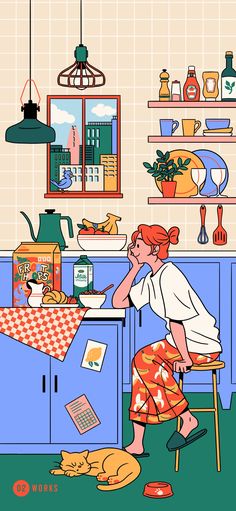 a woman sitting at a kitchen counter next to a cat on the floor in front of her