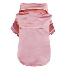 a pink dog coat with hood on it's back and collar, in satin material