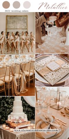 a collage of wedding photos with gold and silver accents, champagne color palettes