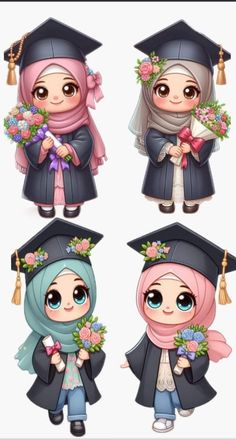 four cartoon characters in graduation caps and gowns with flowers on their heads, one wearing a