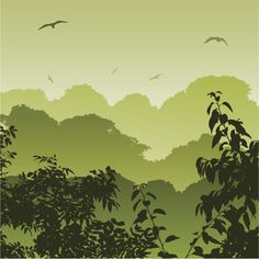 a green forest with birds flying in the sky