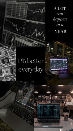 a collage of photos with laptops and money