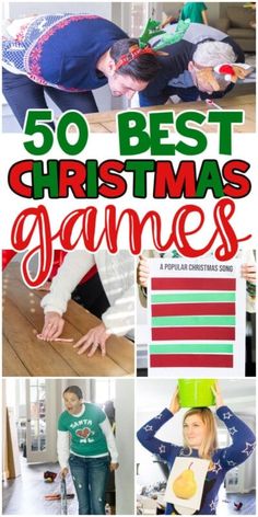 christmas games for kids to play in the living room and on the kitchen table with text overlay that reads 50 best christmas games