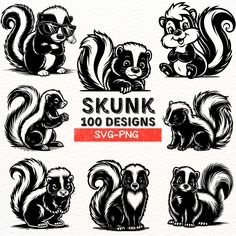 set of black and white squirrels with different poses