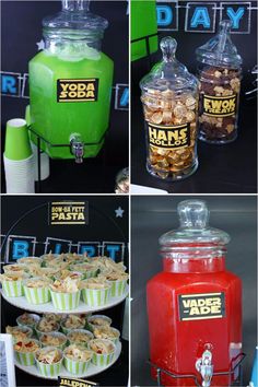 various pictures of different types of food and drinks on display in front of the camera