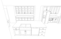 a line drawing of kitchen cabinets and counters