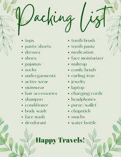 a green and white poster with the words packing list