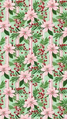 a green background with pink and red flowers