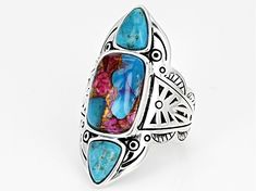 Southwest Style By JTV™ Blended Turquoise and Purple Spiny Oyster Shell Rhodium Over Silver Ring. Measures approximately 0.45"L x 1.40"W.    0.16" shank. Not sizeable. Oxidized finish.  Color and Pattern may vary. Southwestern Turquoise Ring With Natural Stones, Turquoise Bohemian Rings With Gemstone Accents, Bohemian Turquoise Rings With Gemstone Accents, Southwestern Blue Jewelry For Summer, Blue Southwestern Style Jewelry For Summer, Blue Southwestern Style Summer Jewelry, Adjustable Multicolor Multi-stone Turquoise Ring, Adjustable Multi-stone Turquoise Ring, Multicolor Southwestern Summer Jewelry