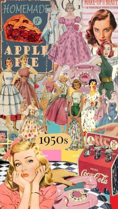 a collage of women's fashions from the 1950's