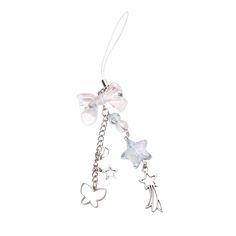 a white necklace with charms hanging from it's sides and stars on the side