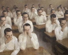 an oil painting of men sitting at desks with their hands to their faces in front of them