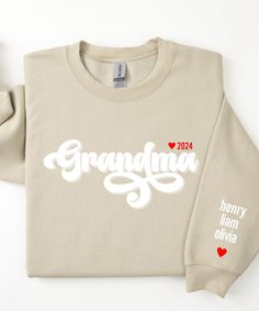 Primary photo = Sweatshirt "Sand" ♥PRODUCTION TIME: 1-5 days (usually 2-3 days) ♥SHIPPING TIME: 2-5 days (usually 3 days) ♥PRODUCT DESCRIPTION: The Gildan 18000/18500 is ideal for any situation, a unisex heavy blend crewneck sweatshirt/hoodie is pure comfort. These garments are made from polyester and cotton. This combination helps designs come out looking fresh and beautiful. The collar is ribbed knit, so it retains its shape even after washing. There are no itchy side seams on these sweaters. Beige Long Sleeve T-shirt With Letter Print, White Crew Neck Sweater With Name Print, Cream Crew Neck Sweatshirt With Letter Print, Cream Letter Print Crew Tops, Cream Letter Print Crew Neck Tops, Cream Crew Neck Tops With Letter Print, Grammy Sweatshirt, Nana Sweatshirt, Grandma Sweatshirt