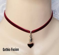 Hello, Today I have for you one of my Eternal Lovers Gothic Vampire Chokers / Collar.  Beautiful and luxurious deep claret red velvet choker finished with a miniature bottle of blood. You can also choose a black velvet choker if you prefer, from the drop down menu. Please choose the length and colour you require from the drop down menu. Each length is adjustable by a further 2". Choker width 6mm. The first picture is a true colour. Designed to sit around the base of the neckline, which is genera Vampire Accessories Halloween, Adjustable Vampire Style Choker For Gift, Adjustable Vampire Style Choker As Gift, Vampire Style Adjustable Choker As Gift, Gothic Red Necklace For Cosplay, Red Gothic Necklace For Cosplay, Gothic Jewelry For Cosplay On Valentine's Day, Gothic Adjustable Choker For Valentine's Day, Adjustable Gothic Choker For Valentine's Day