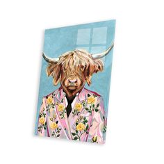 a painting of a bull wearing a pink suit with yellow roses on it's chest