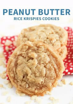 two peanut butter rice krispies cookies on a red and white napkin with text overlay