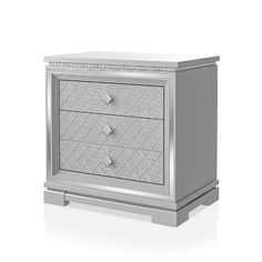 a silver and white nightstand with two drawers on it's sides, one drawer is open