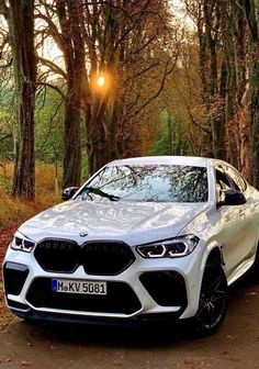 a white car parked in front of some trees