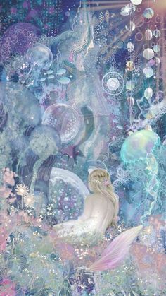 an artistic painting with bubbles and mermaids in the water, surrounded by other things